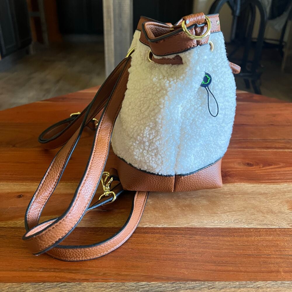 C Wonder Charlotte Sherpa Convertible Backpack Purse Bucket Bag Cognac Brown - Picture 13 of 16